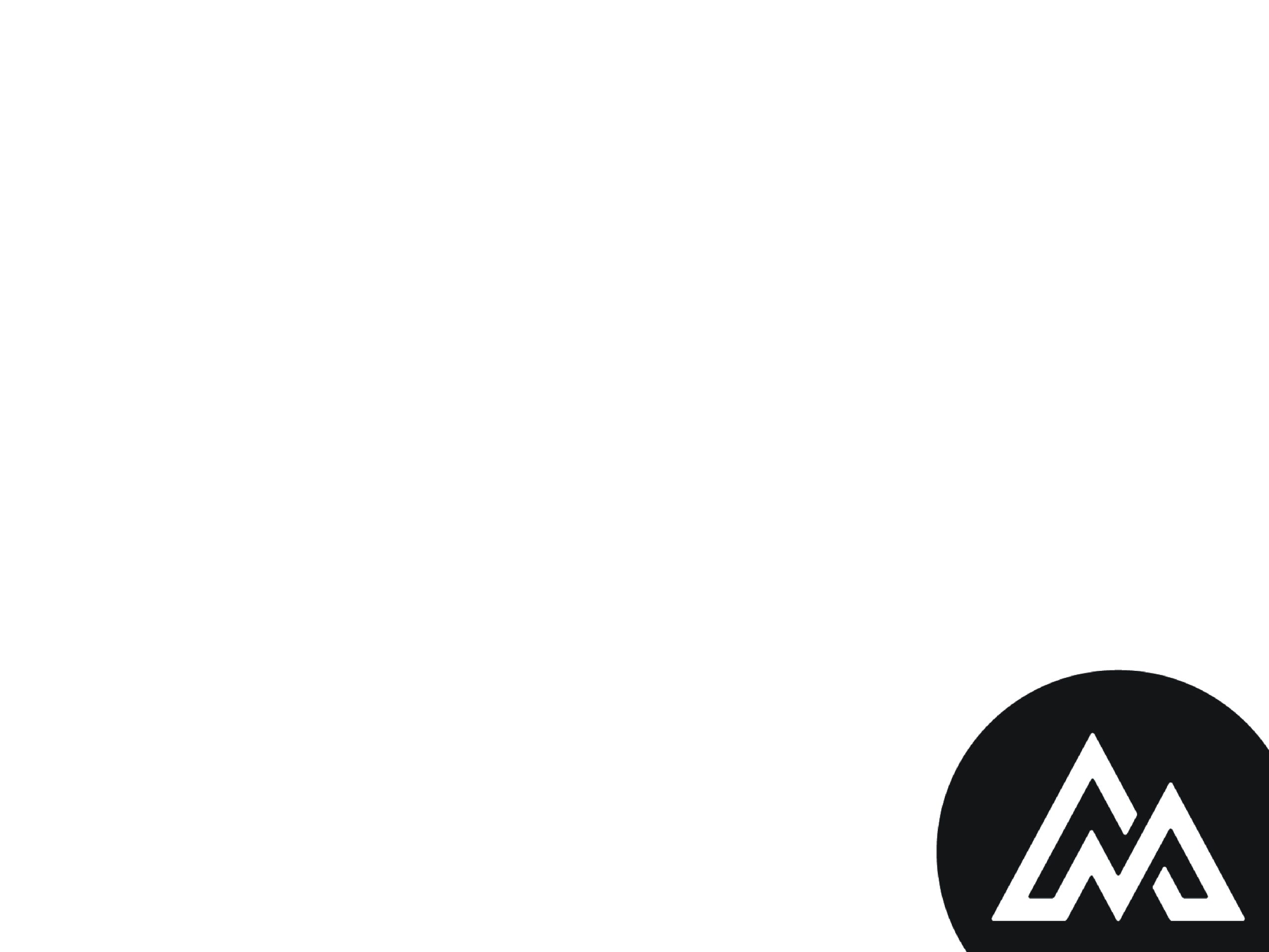 A minimalistic image with a black circle in the bottom right corner, featuring a white stylized mountain logo inside the circle. The rest of the background is plain white.
