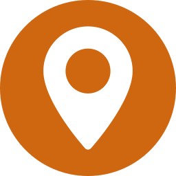 A white map location pin icon centered on an orange circular background.